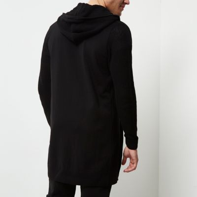 Black tapered hooded longline cardigan